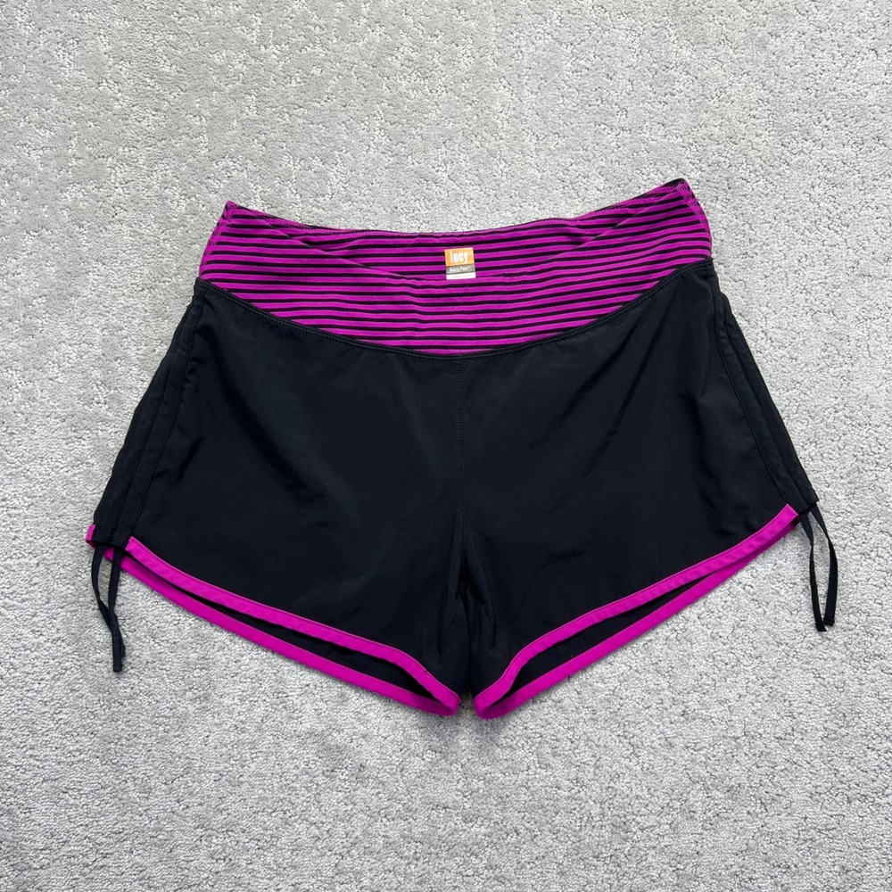 Lucy‎ Flex Shorts Womens Medium Black Purple Running Athletic Striped Waistband